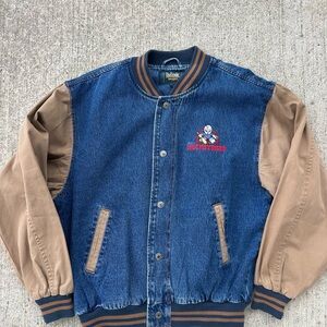 Denim Varsity Jacket with Tan Sleeves